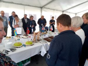 People standing next to table with cakes and scandinavian flags on it. Photo. 