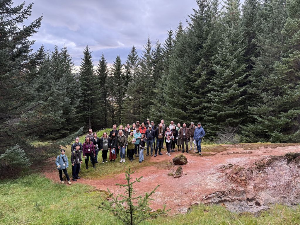 A group of about 20 people seen in long distance, standing in front of spruce forest.